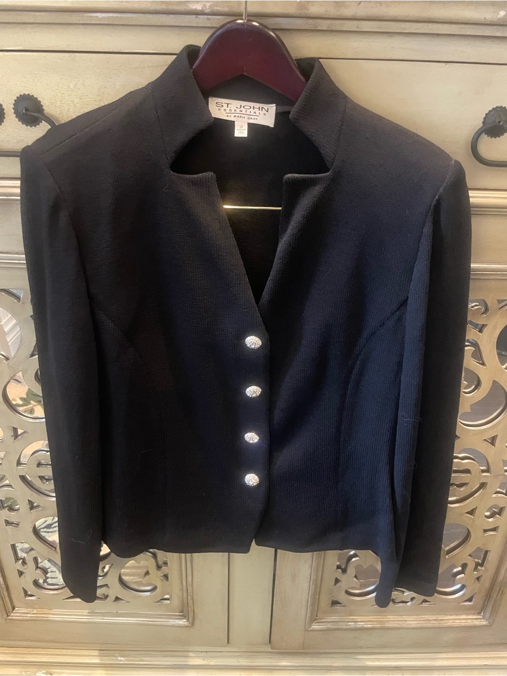 St. John Collection Black Knit Collarless Jacket with Rhinestone Buttons